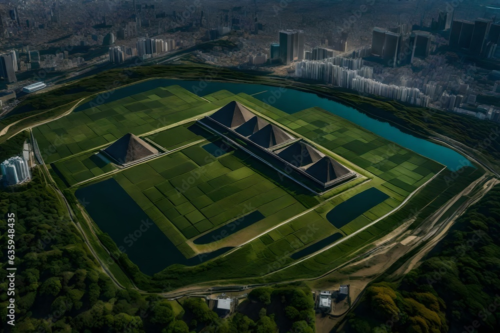 Poster view from the sky of a massive architectural structure that fuses ancient burial mounds and pyramids
