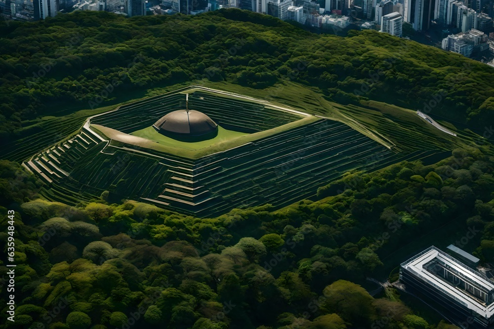 Poster view from the sky of a massive architectural structure that fuses ancient burial mounds and pyramids