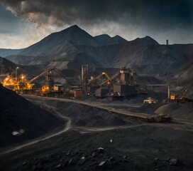 Fototapeta premium Coal and mineral extraction process from mines with many heavy trucks open pit mine industry