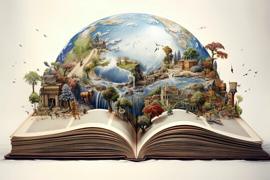 Generative AI book illustration with planet earth, green plants and sustainable forest