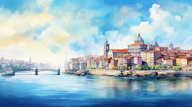  a painting of a city by the water with a bridge.  generative ai
