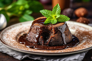 Chocolate lava cake with mint leaf on the table - obrazy, fototapety, plakaty