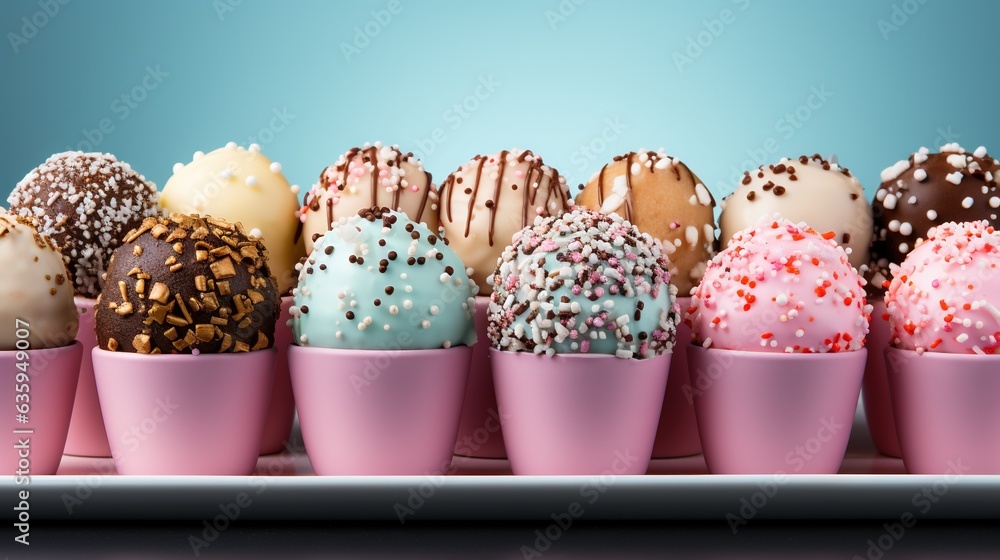 Aufkleber a row of pink cups filled with different types of donuts. generative ai