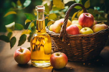 Apple cider in a glass jug and a basket of fresh apples
