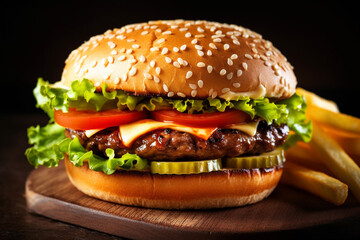 Burger with French fries on black stone background