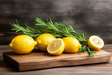 Lemon slices and rosemary on wooden background