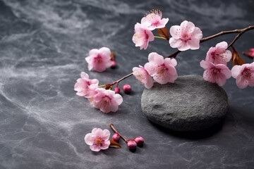 Fototapeta na wymiar Beautiful sakura branch on black stone background