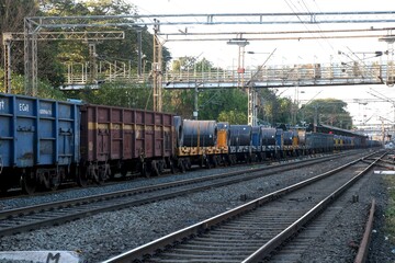 Indian goods train has stopped at rail station - obrazy, fototapety, plakaty