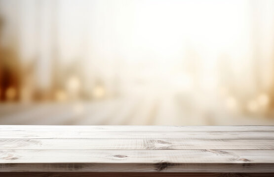 Wooden table top on blur sunlight background. Perfect for showcasing products or as a neutral base for designs. High quality photo