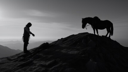 Silhouette of a traveler with a horse traveling on mountains. Black and white photography. Generative AI