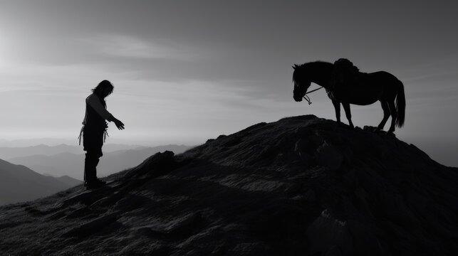 Silhouette of a traveler with a horse traveling on mountains. Black and white photography. Generative AI