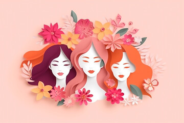 Happy women's day 8 march with beautiful flower paper craft,Paper cut style