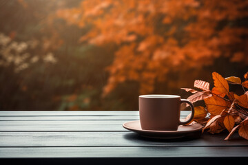 Coffee cup nestled among autumn leaves on a wooden table, with a softly blurred fall autumn background. High quality photo - Powered by Adobe