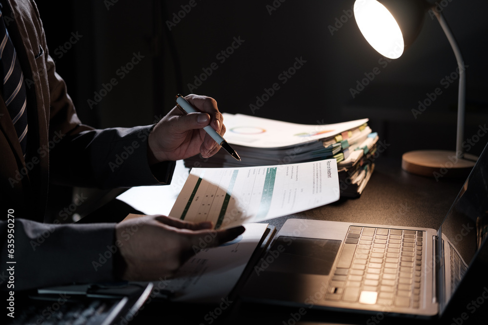 Poster business employee hand working in stacks paper files for searching and check unfinished document arc