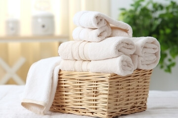 White towel in wicker basket - obrazy, fototapety, plakaty
