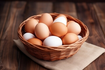 Fresh Chicken eggs in basket on wooden background