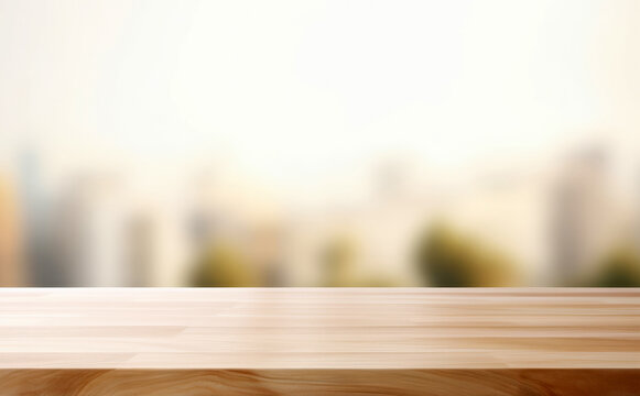 Wooden table top on blur city background - can be used for display or montage your products. High quality photo