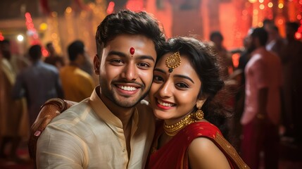 Obraz premium Beautiful Indian couple Celebrating Durga Puja, Dussehra 2023, Indian Hindu religious festival