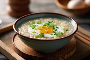 Porridge rice gruel with boiled eggs in bowl on table