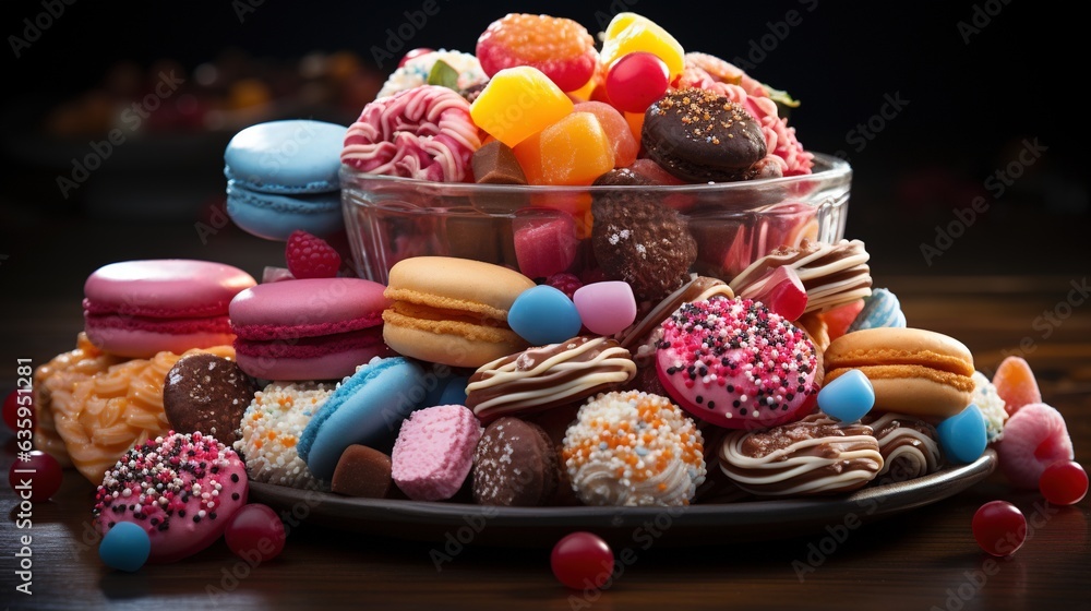 Poster a pile of assorted candy on a plate on a table. generative ai