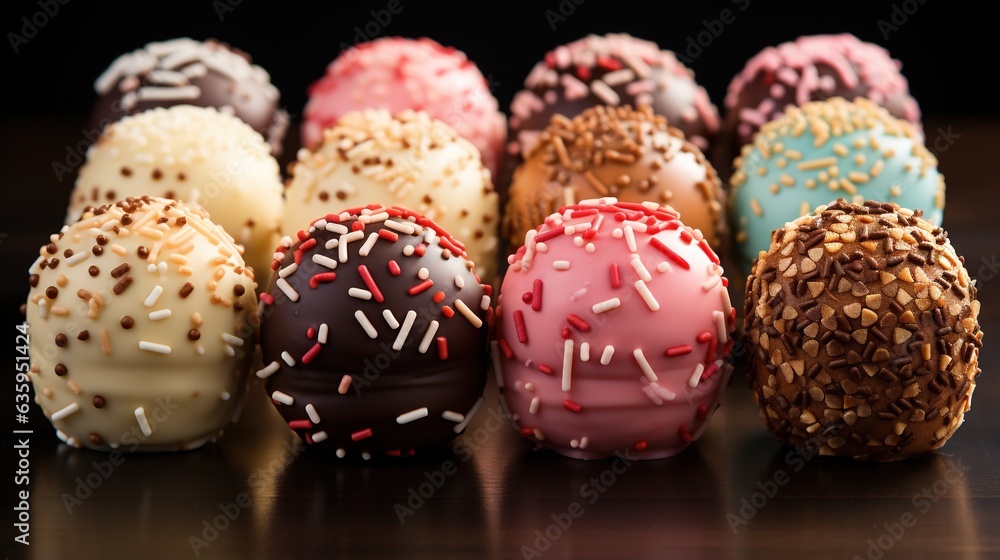 Poster a row of different colored donuts with sprinkles. generative ai