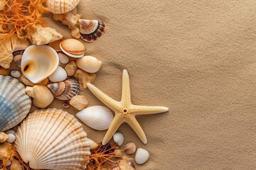 Fototapeta na wymiar Top view of sandy beach with shells and starfish