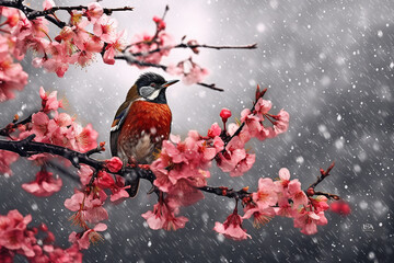 Bird on sakura branch with rainy