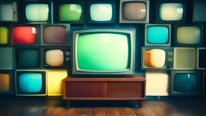 A vintage television surrounded by a wall of old-fashioned televisions. Generative ai