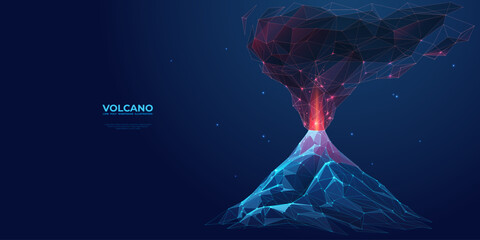 Abstract digital volcano with smoke and lava. Volcanic eruption on technology blue background. Low poly wireframe vector illustration with 3D effect. Polygonal mountain. Natural disaster concept. - obrazy, fototapety, plakaty