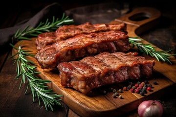 Fresh grilled pork with rosemary on a wooden background - obrazy, fototapety, plakaty