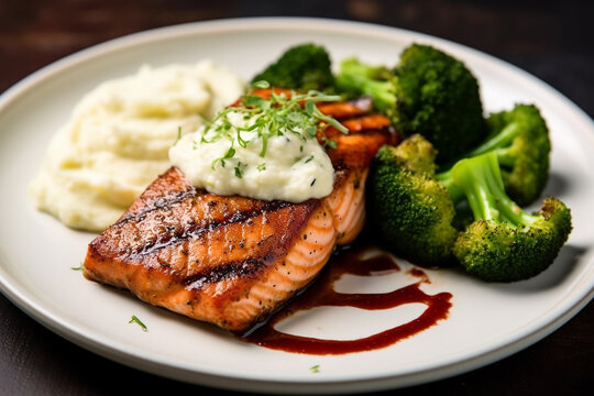 Grilled salmon with mashed potatoes and broccoli