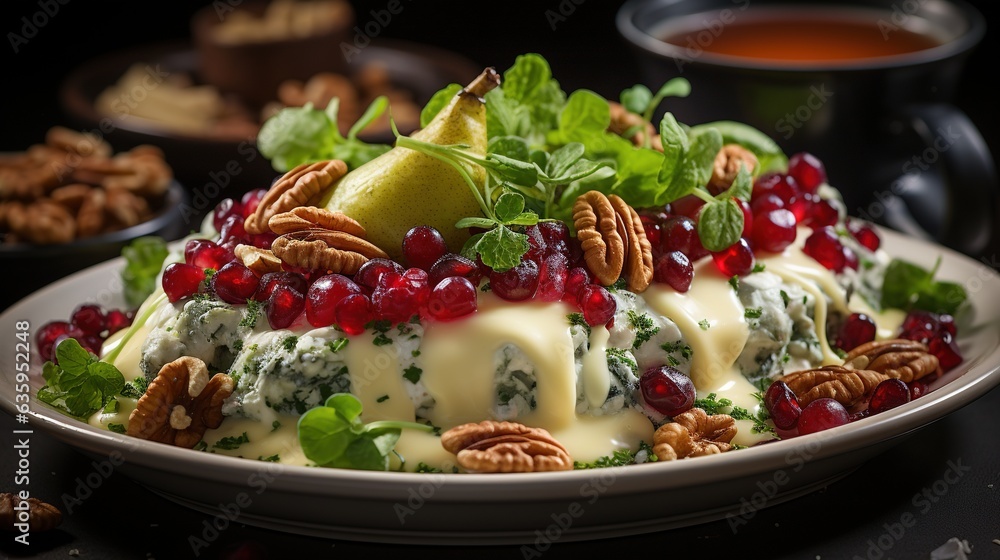 Poster a plate of fruit and cheese with nuts on the side. generative ai