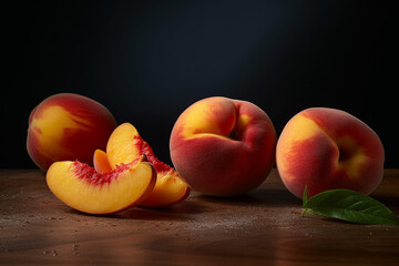 Fototapeta na wymiar Fresh peaches on color background
