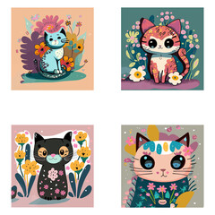 Abstract illustration with cartoon cute cat T-shirt Design