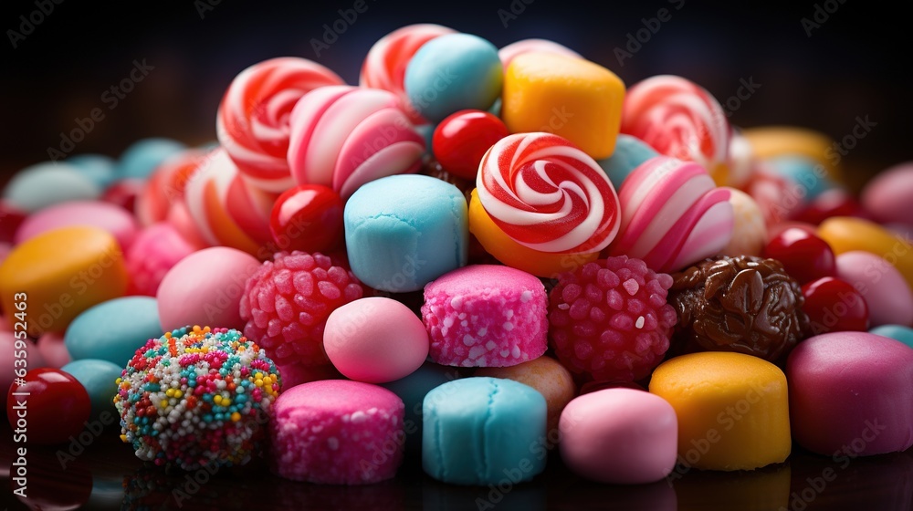 Poster a pile of assorted candy on a black table top. generative ai