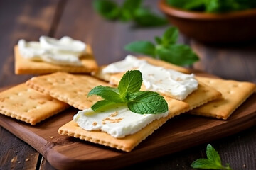 Crackers with cream cheese ,mint leaf in the wooden background