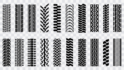 Machinery tires track set, tire ground imprints isolated, vehicles tires footprints, tread brushes, seamless transport ground trace or marks textures, wheel treads - vector. - obrazy, fototapety, plakaty