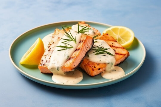 Salmon grill slices with creamy sauces,lemon background