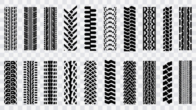Machinery tires track set, tire ground imprints isolated, vehicles tires footprints, tread brushes, seamless transport ground trace or marks textures, wheel treads - vector.