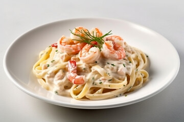 Pasta shrimps with white creamy sauce on white plate