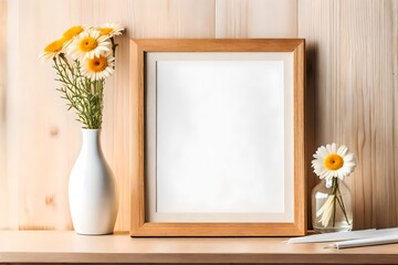 frame with flowers on table