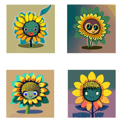 Abstract illustration with cartoon Sunflower  T-shirt Design