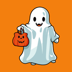 Cute cartoon halloween ghost with candybag vector illustration