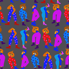 Vector seamless pattern with dancing disco people wearing colorful clothes, 80s vintage style pattern. Retro party background. Vector illustration - 635953650