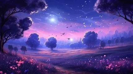 Poster de jardin Bleu foncé Fantasy landscape of blooming lavender flowers,butterfly glow