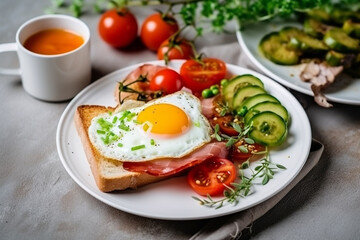 Fototapeta na wymiar Toast and ham, tomatoes, vegetables, with fried egg and hot coffee on white wooden background