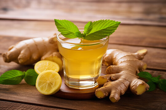 Ginger water in glass with ginger on wooden table background