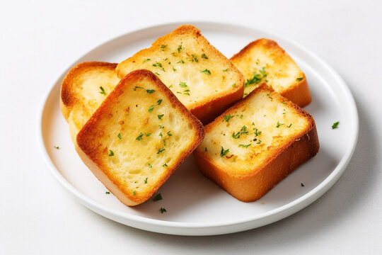 Garlic bread in white plate on white background