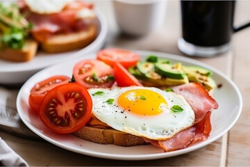 Toast and ham, tomatoes, vegetables, with fried egg and hot coffee on white wooden background