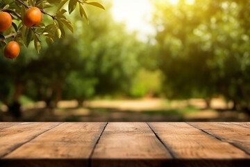 Empty wooden table with orange garden background